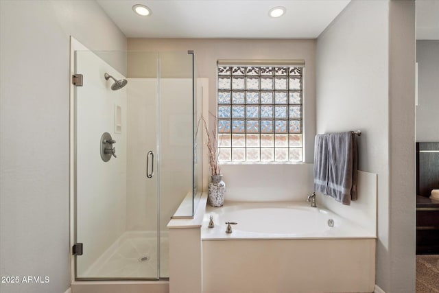 9262 E Desert Park Dr, Scottsdale, AZ 85255 - bathroom with a stall shower, a bath, and recessed lighting