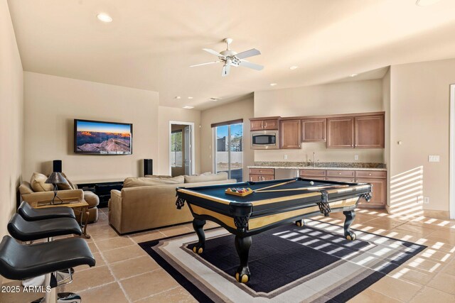 playroom featuring light tile patterned floors, a ceiling fan, wet bar, recessed lighting, and pool table