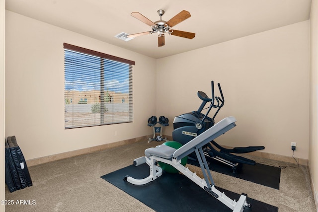 workout room with visible vents, ceiling fan, baseboards, and carpet