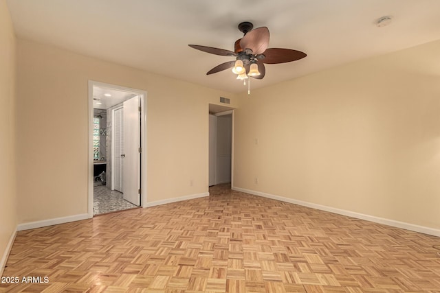 unfurnished bedroom featuring ceiling fan and light parquet floors