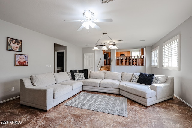 living room with ceiling fan