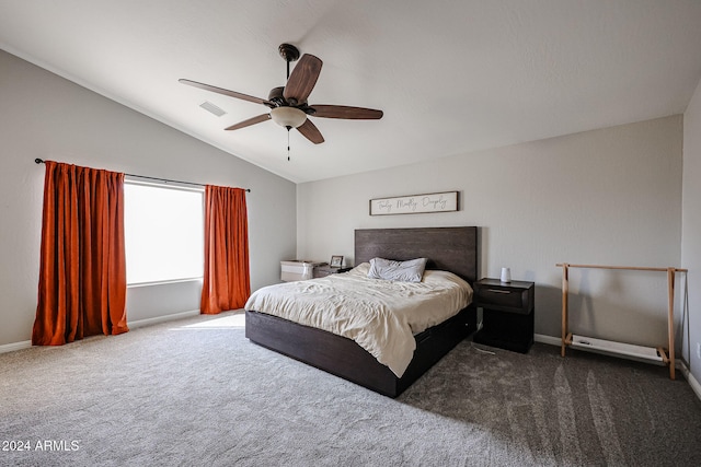 carpeted bedroom featuring ceiling fan and lofted ceiling