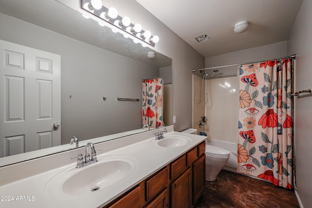 full bathroom featuring shower / tub combo, toilet, and vanity