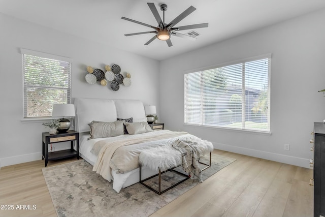 bedroom featuring ceiling fan and light hardwood / wood-style flooring