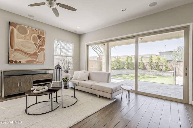 3310 E Los Gatos Dr, Phoenix, AZ 85050 - living area featuring a ceiling fan, wood finished floors, and recessed lighting