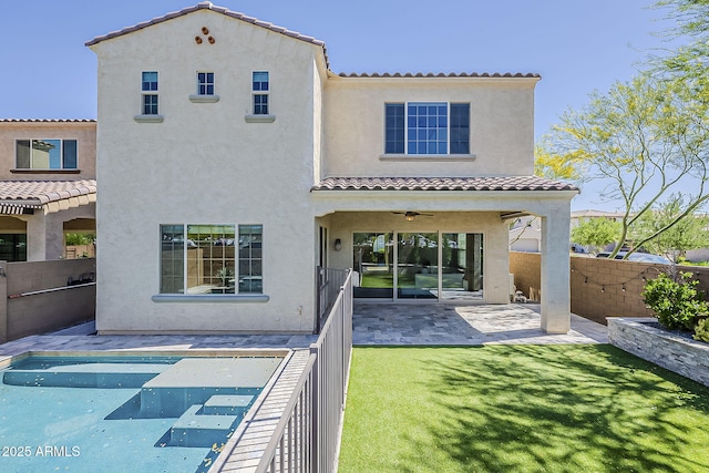 3310 E Los Gatos Dr, Phoenix, AZ 85050 - rear view of house with stucco siding, a patio area, a tiled roof, and ceiling fan