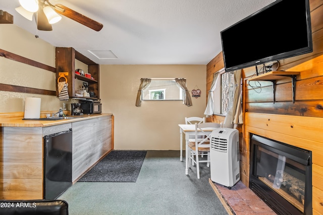 interior space with carpet flooring, ceiling fan, and a textured ceiling