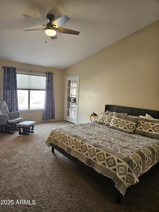 bedroom featuring vaulted ceiling, ceiling fan, and carpet floors