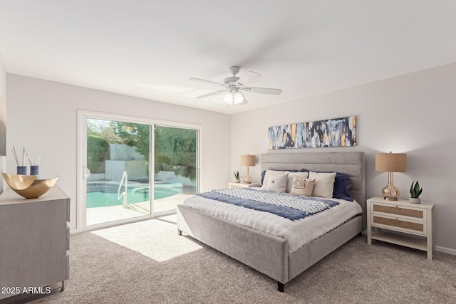 carpeted bedroom featuring access to outside and ceiling fan