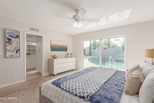 carpeted bedroom with connected bathroom, access to exterior, and ceiling fan