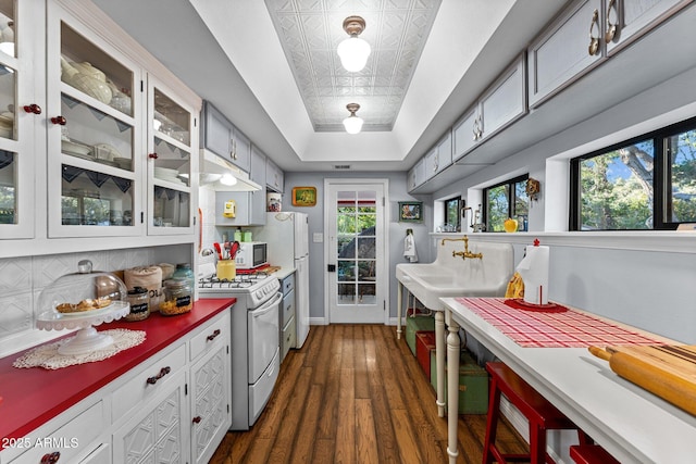 kitchen with dark hardwood / wood-style flooring, white cabinetry, a raised ceiling, and white appliances