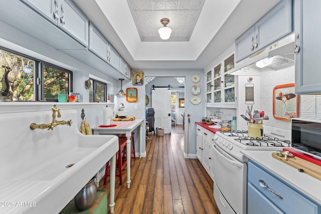 kitchen with sink, dark wood-type flooring, a raised ceiling, a barn door, and white range