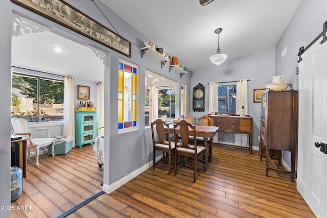 dining room with hardwood / wood-style flooring and a barn door