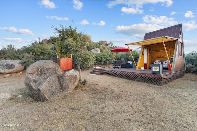 view of play area with a deck