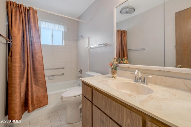 bathroom featuring shower / tub combo, tile patterned flooring, vanity, and toilet