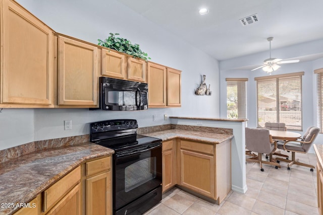 kitchen with ceiling fan, light tile patterned flooring, black appliances, and light brown cabinets