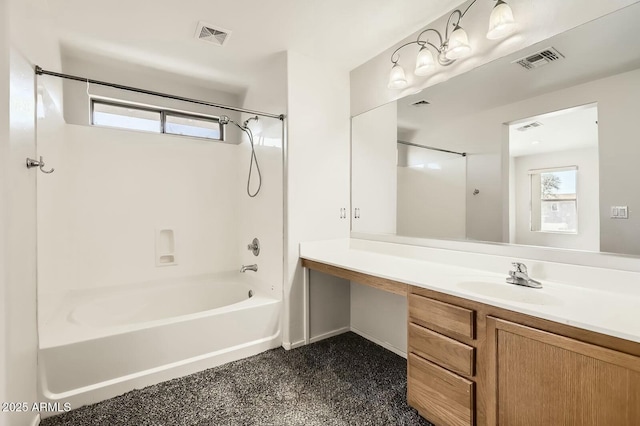 full bath featuring shower / washtub combination, vanity, and visible vents