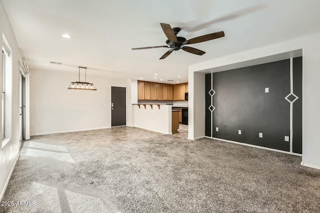 unfurnished living room with light carpet, baseboards, visible vents, ceiling fan, and recessed lighting