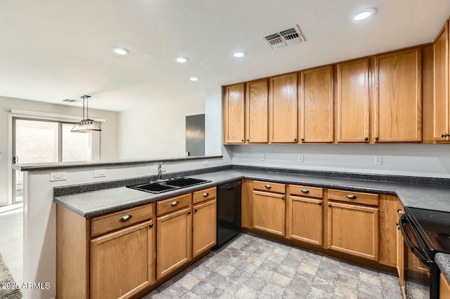 kitchen with recessed lighting, a peninsula, a sink, visible vents, and black appliances