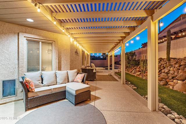 view of patio with a pergola and outdoor lounge area