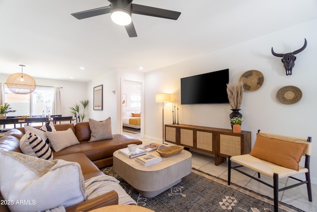 6907 E Palm Ln, Scottsdale, AZ 85257 - living area featuring a ceiling fan, tile patterned floors, and recessed lighting