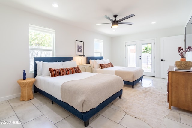 6907 E Palm Ln, Scottsdale, AZ 85257 - bedroom featuring access to exterior, multiple windows, recessed lighting, a ceiling fan, and french doors