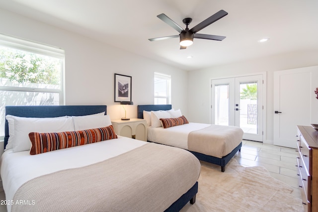 6907 E Palm Ln, Scottsdale, AZ 85257 - bedroom featuring access to exterior, french doors, recessed lighting, a ceiling fan, and light tile patterned floors