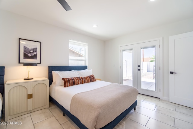 6907 E Palm Ln, Scottsdale, AZ 85257 - bedroom with access to exterior, multiple windows, french doors, light tile patterned floors, and recessed lighting