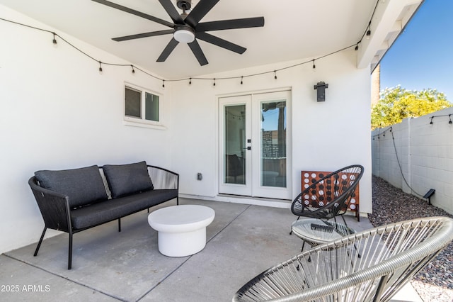 6907 E Palm Ln, Scottsdale, AZ 85257 - view of patio / terrace with french doors, ceiling fan, and an outdoor living space