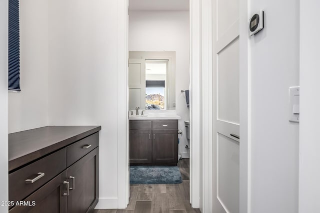 bathroom with wood finished floors and vanity