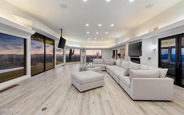 living room featuring french doors and light wood-type flooring