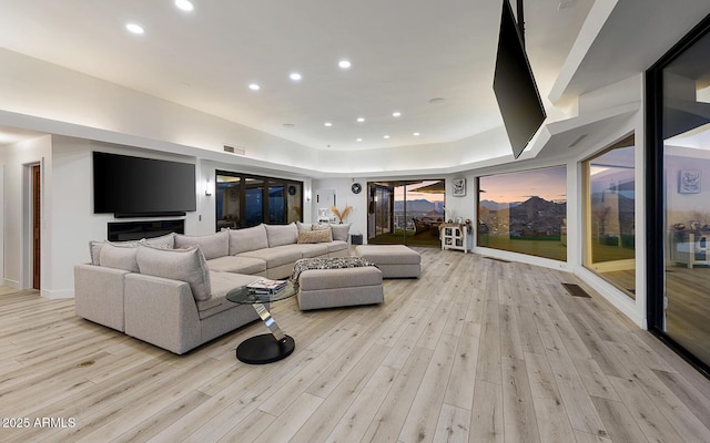 living room with light hardwood / wood-style floors and a tray ceiling