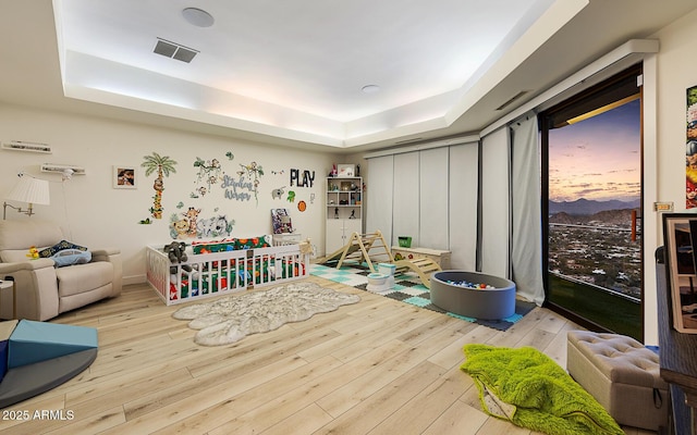 playroom featuring a raised ceiling and light wood-type flooring