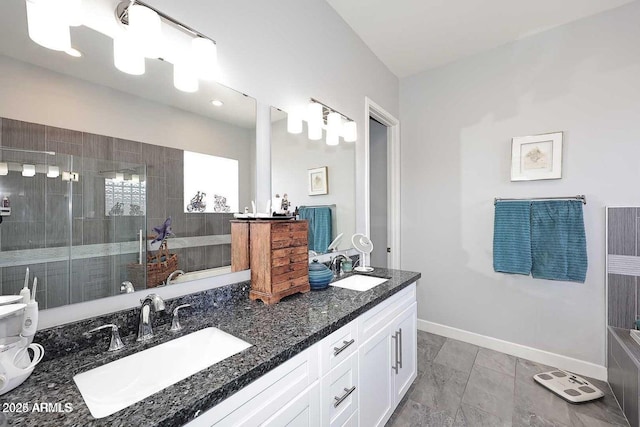 bathroom featuring vanity, tile patterned floors, and a shower with shower door