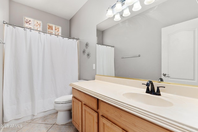 bathroom featuring vanity, tile patterned flooring, toilet, and a shower with curtain