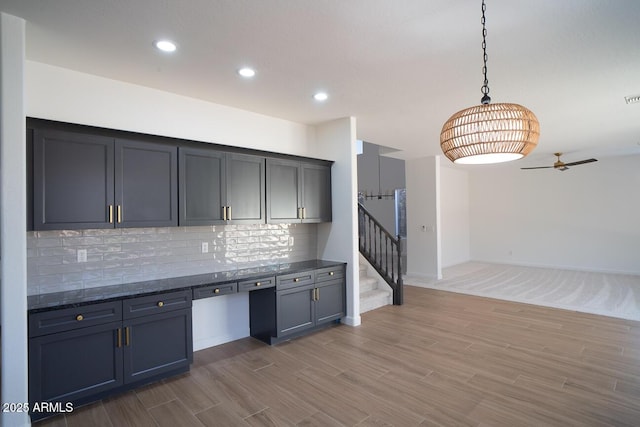 6014 W Oberlin Way, Phoenix, AZ 85083 - kitchen featuring a ceiling fan, tasteful backsplash, light wood finished floors, pendant lighting, and recessed lighting