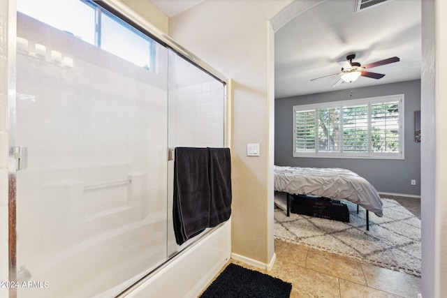 bathroom featuring tile patterned floors, shower / bath combination with glass door, and ceiling fan