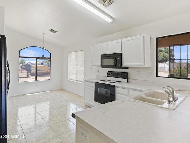 kitchen with sink, decorative light fixtures, black appliances, a wealth of natural light, and white cabinets