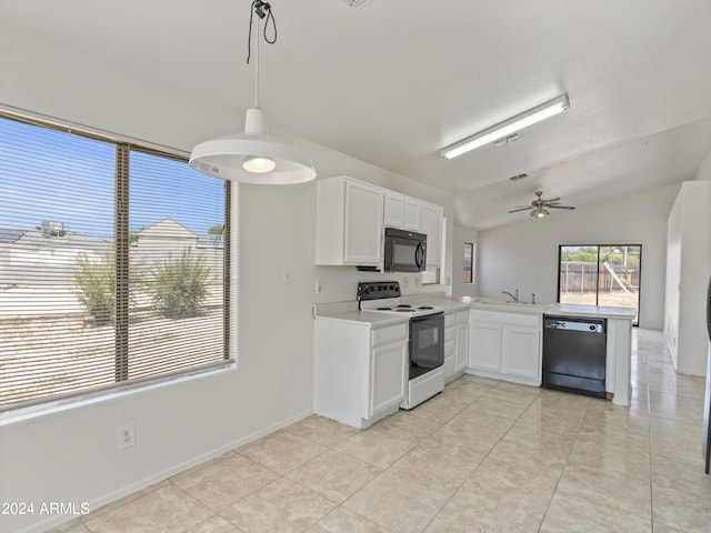 kitchen featuring vaulted ceiling, black appliances, white cabinets, hanging light fixtures, and kitchen peninsula