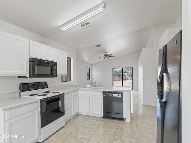 kitchen with sink, black appliances, white cabinets, light tile patterned flooring, and kitchen peninsula