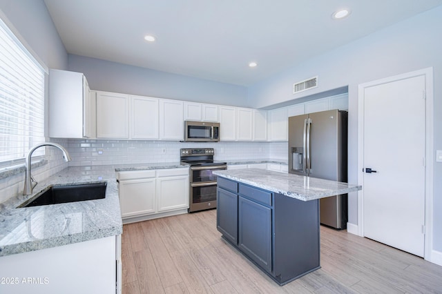 kitchen with stainless steel appliances, a sink, visible vents, and white cabinetry