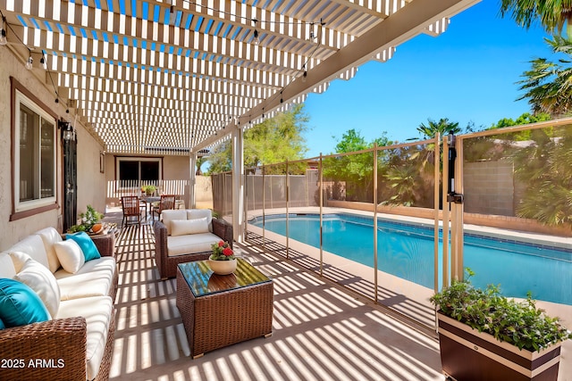 view of swimming pool featuring a patio area, a fenced in pool, a fenced backyard, outdoor lounge area, and outdoor dining area