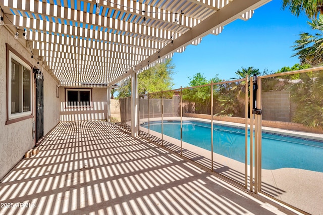 view of pool featuring a patio, a fenced in pool, a fenced backyard, and a pergola