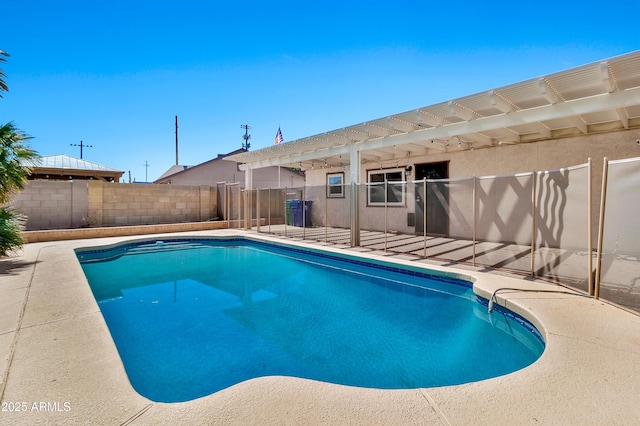 view of swimming pool with a fenced in pool, a fenced backyard, a pergola, and a patio area