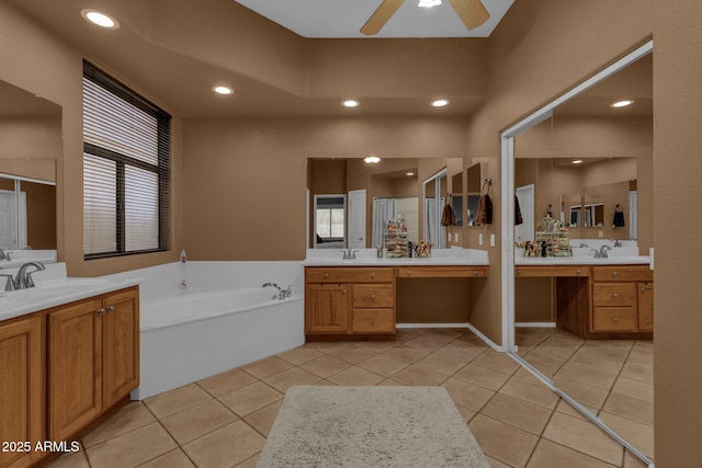 bathroom featuring tile patterned flooring, vanity, separate shower and tub, and ceiling fan