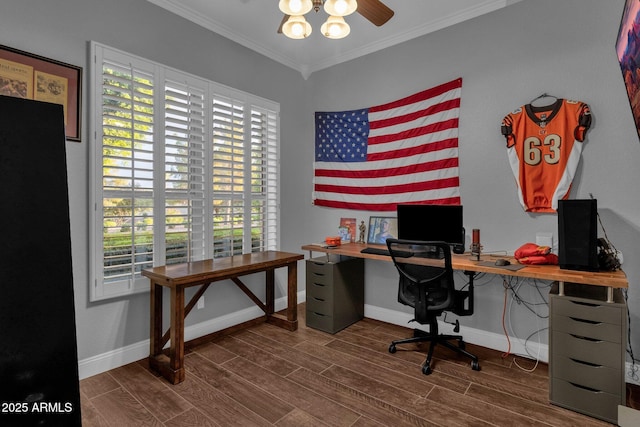 office area with crown molding, plenty of natural light, ceiling fan, and dark hardwood / wood-style floors