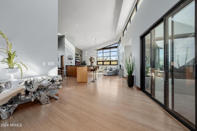 interior space with high vaulted ceiling and light wood-type flooring