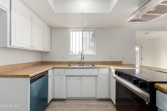 kitchen with white cabinetry, black electric range oven, sink, and dishwashing machine