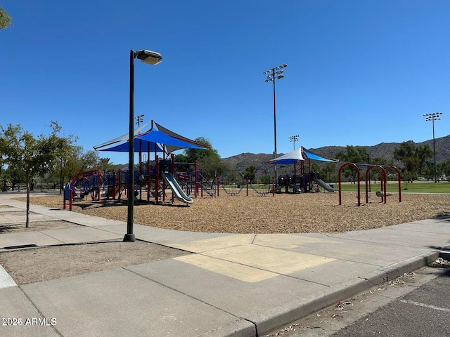 view of play area with a mountain view