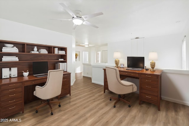 office space with light hardwood / wood-style floors and ceiling fan